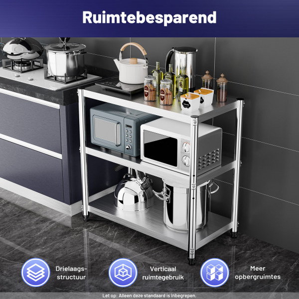 Multifunctioneel roestvrijstalen drielaags opbergrek, Maximaal gewicht 50 kg, 80 x 80 x 40 cm, voor familiekeukens, scholen, kantines, restaurants, supermarkten, etc.