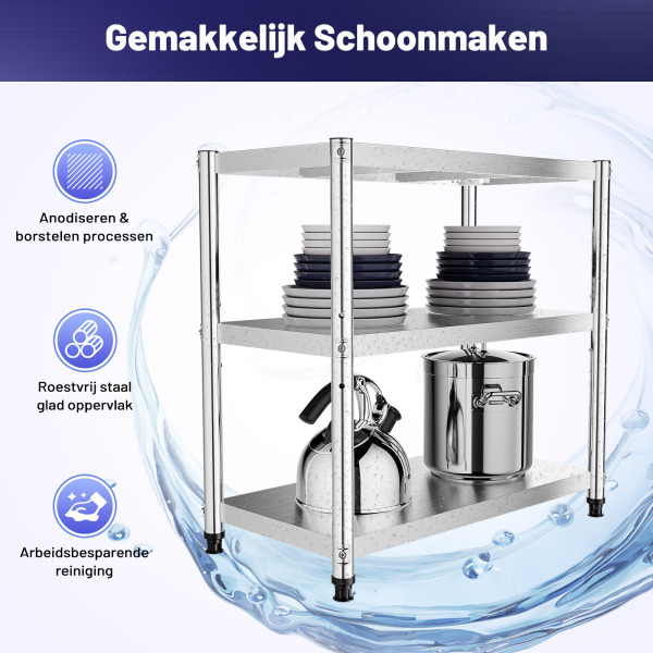 Multifunctioneel roestvrijstalen drielaags opbergrek, Maximaal gewicht 50 kg, 80 x 80 x 40 cm, voor familiekeukens, scholen, kantines, restaurants, supermarkten, etc.