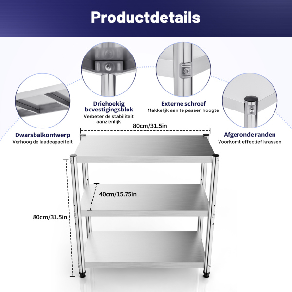 Multifunctioneel roestvrijstalen drielaags opbergrek, Maximaal gewicht 50 kg, 80 x 80 x 40 cm, voor familiekeukens, scholen, kantines, restaurants, supermarkten, etc.