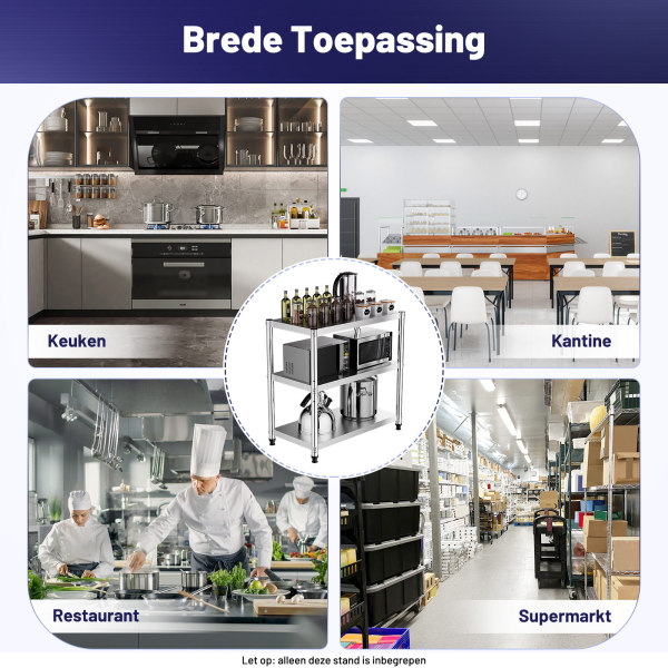 Multifunctioneel roestvrijstalen drielaags opbergrek, Maximaal gewicht 50 kg, 80 x 80 x 40 cm, voor familiekeukens, scholen, kantines, restaurants, supermarkten, etc.