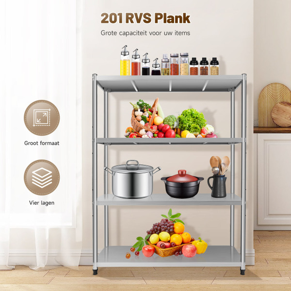 Keukenrek met 4 niveaus, roestvrij staal, maximale belasting: 50 kg, 120 x 40 x 150 cm
