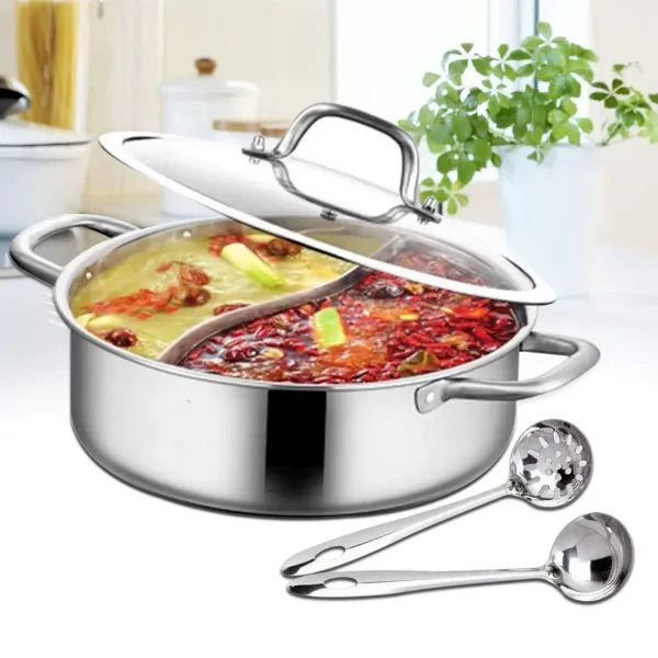 Chinese soeppan van 304 roestvrij staal met deksel - 2 soeplepels - 28 cm - voor inductiekookplaat