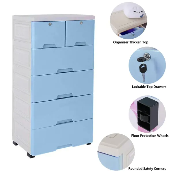 Kunststof opbergmeubel met 6 lades voor slaapkamer, kinderkamer, blauw