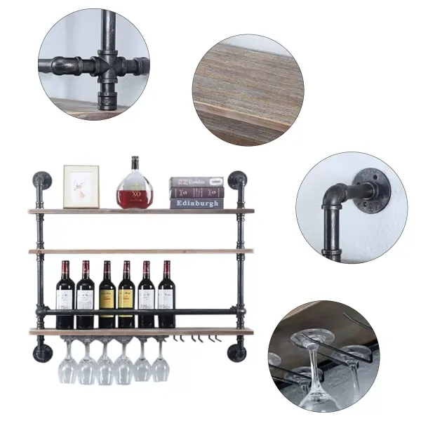 Steam Punk Pipe Wijnglasrek Rustiek 3-laags zwevende plank Steam Punk Pipe Wijnglasrek Rustiek 3-laags zwevende plank