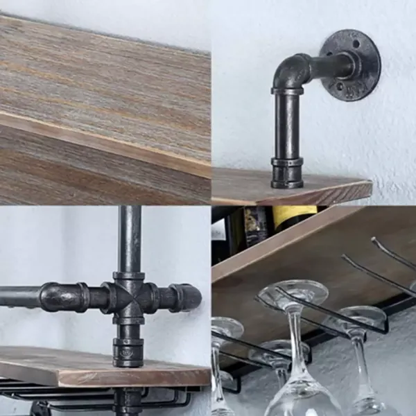 Steam Punk Pipe Wijnglasrek Rustiek 3-laags zwevende plank Steam Punk Pipe Wijnglasrek Rustiek 3-laags zwevende plank