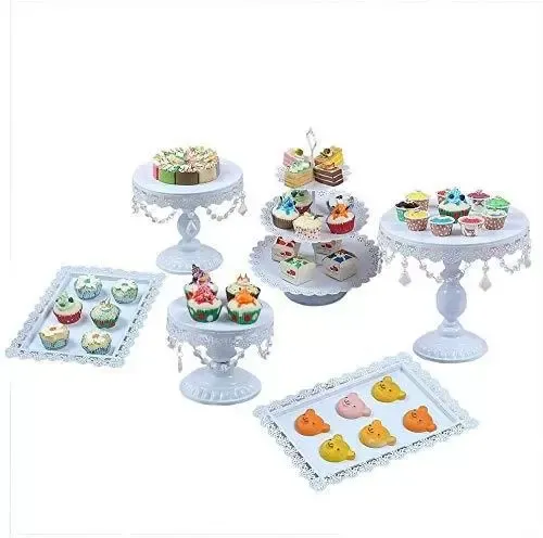 Kaibrite Set van 6 vintage ronde witte taartstandaards voor desserttafel bruiloft/feest/afternoon tea
