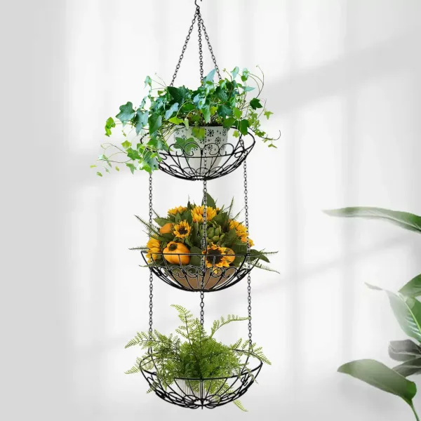 Set van 3 Scandinavische smeedijzeren hangende fruitmanden met haken, opbergmand voor bloempotten