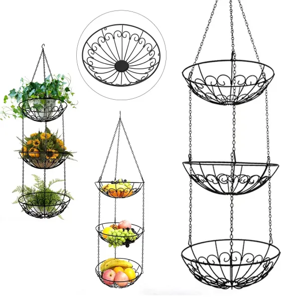Set van 3 Scandinavische smeedijzeren hangende fruitmanden met haken, opbergmand voor bloempotten
