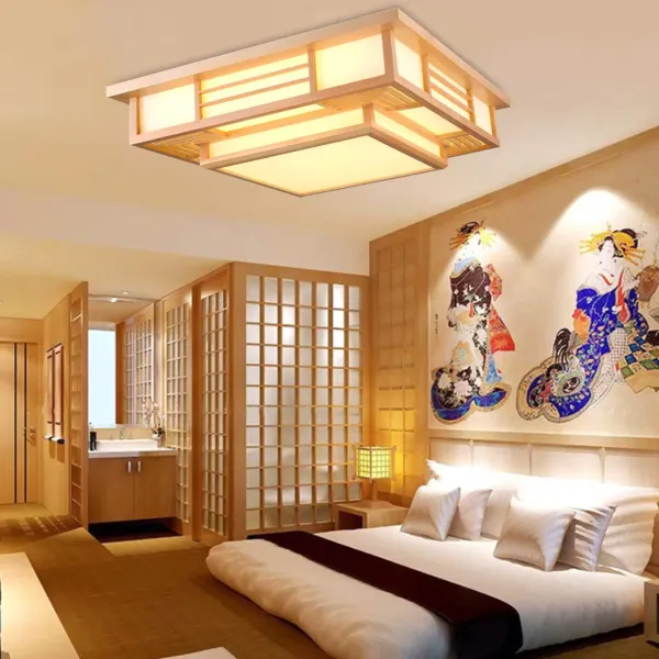 Japanse LED-plafondlamp, massief houten plafondlamp, creatieve geometrie, woonkamer slaapkamer plafondlamp