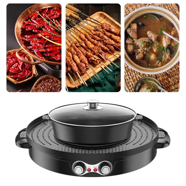 Multifunctionele elektrische koekenpan Multifunctionele elektrische grill Grote hete pot, dubbele scheiding, onafhankelijke bediening zonder rook Multifunctionele elektrische koekenpan Multifunctionele elektrische grill Grote hete pot, dubbele scheiding, onafhankelijke bediening zonder rook