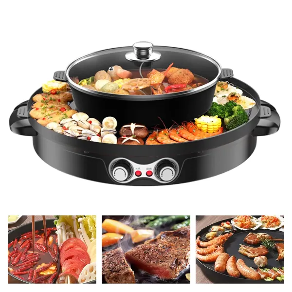 Multifunctionele elektrische koekenpan Multifunctionele elektrische grill Grote hete pot, dubbele scheiding, onafhankelijke bediening zonder rook Multifunctionele elektrische koekenpan Multifunctionele elektrische grill Grote hete pot, dubbele scheiding, onafhankelijke bediening zonder rook