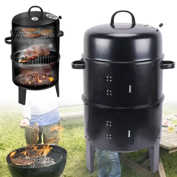 3-in-1 multifunctionele rookgrill, dubbellaags, houtskoolgrill met thermometer, buitengrill