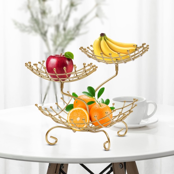 IJzeren en stalen opbergmand met drie niveaus, verwijderbare fruit- en groentemand, geschikt voor woonkamers, keukens, hotels, kantoren (Goud)
