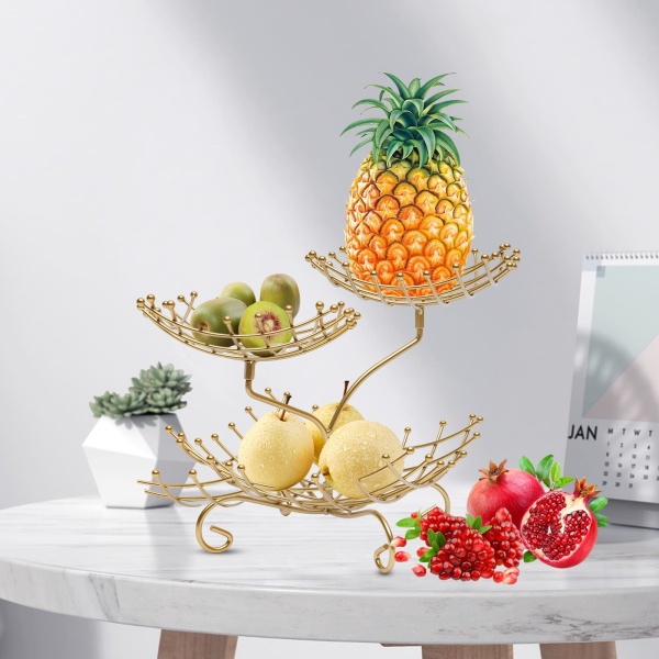 IJzeren en stalen opbergmand met drie niveaus, verwijderbare fruit- en groentemand, geschikt voor woonkamers, keukens, hotels, kantoren (Goud)