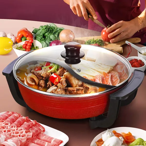 Steelpan met dubbele ketel 220V 1360W 6L met glazen deksel Inductie Compatibel Hittebestendig handvat Rood Steelpan met dubbele ketel 220V 1360W 6L met glazen deksel Inductie Compatibel Hittebestendig handvat Rood
