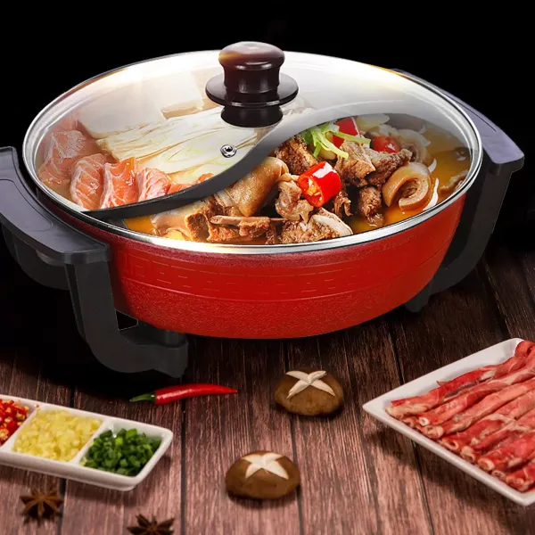 Steelpan met dubbele ketel 220V 1360W 6L met glazen deksel Inductie Compatibel Hittebestendig handvat Rood