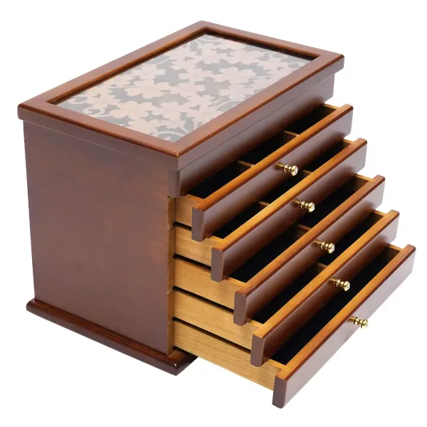 Bruine Houten Sieradendoos - 6 Niveaus - Groot - 30 x 18,5 x 25 cm - Met Klavertje Vier Patroon