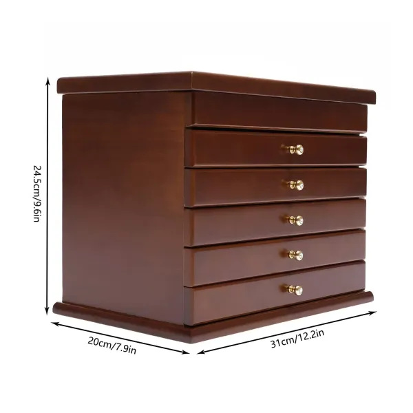Bruine Houten Sieradendoos - 6 Niveaus - Groot - 30 x 18,5 x 25 cm - Met Klavertje Vier Patroon