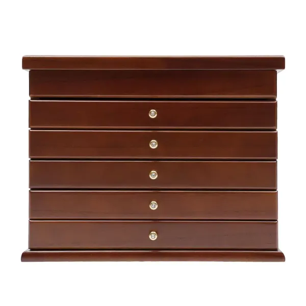 Bruine Houten Sieradendoos - 6 Niveaus - Groot - 30 x 18,5 x 25 cm - Met Klavertje Vier Patroon