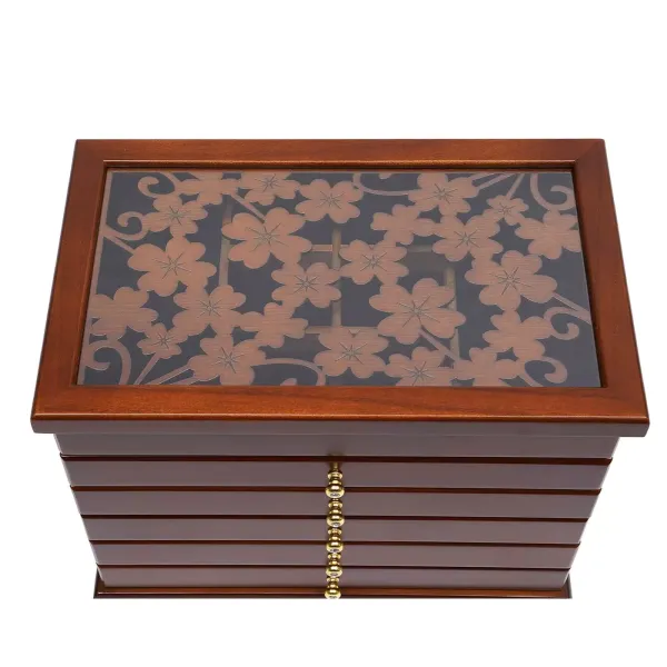 Bruine Houten Sieradendoos - 6 Niveaus - Groot - 30 x 18,5 x 25 cm - Met Klavertje Vier Patroon Bruine Houten Sieradendoos - 6 Niveaus - Groot - 30 x 18,5 x 25 cm - Met Klavertje Vier Patroon