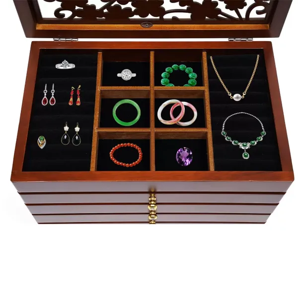 Bruine Houten Sieradendoos - 6 Niveaus - Groot - 30 x 18,5 x 25 cm - Met Klavertje Vier Patroon Bruine Houten Sieradendoos - 6 Niveaus - Groot - 30 x 18,5 x 25 cm - Met Klavertje Vier Patroon