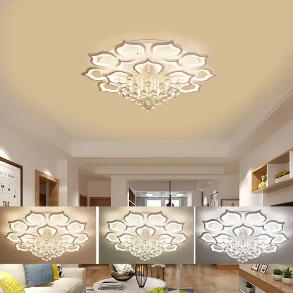 Moderne LED-plafondlamp met dimbare afstandsbediening, kristallen bloemblaadjes, 16 lampen