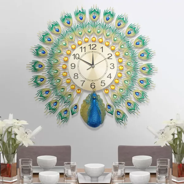 60 x 60 cm pauw wandklok veelkleurige metalen klok Europese stijl wanddecoratie voor woonkamer, slaapkamer of cadeau