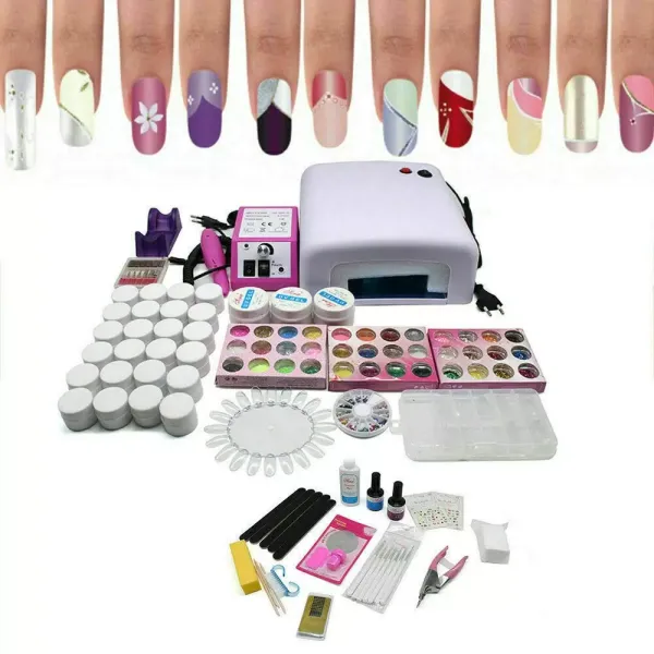Complete professionele nail art-set met 24 kleurengels, vijlen, bufferblok, borstels, 36W lichttherapie-apparaat