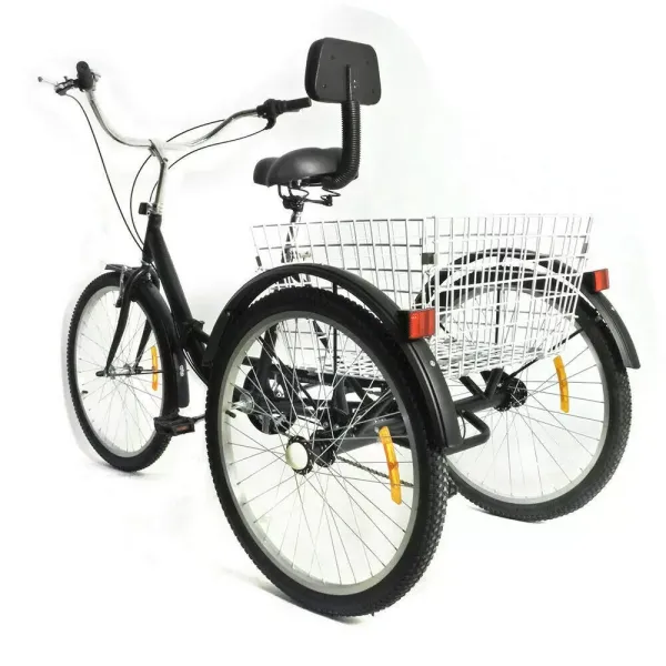 24 inch 7-versnellingsfiets met 3 wielen en mand voor volwassenen en senioren, voor reizen, paardrijden en winkelen (zwart)