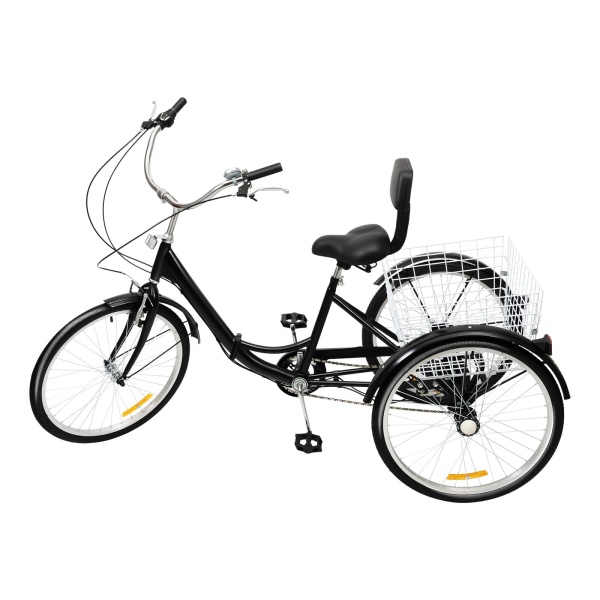 24 inch 7-versnellingsfiets met 3 wielen en mand voor volwassenen en senioren, voor reizen, paardrijden en winkelen (zwart)