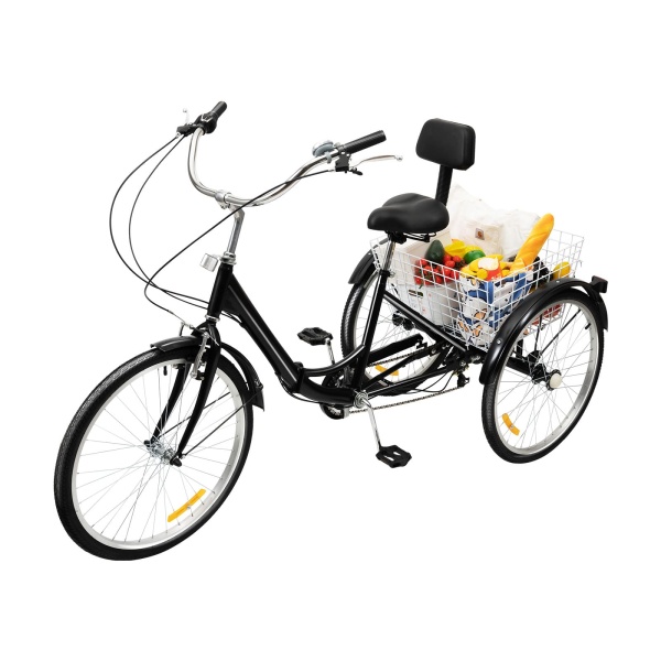24 inch 7-versnellingsfiets met 3 wielen en mand voor volwassenen en senioren, voor reizen, paardrijden en winkelen (zwart)