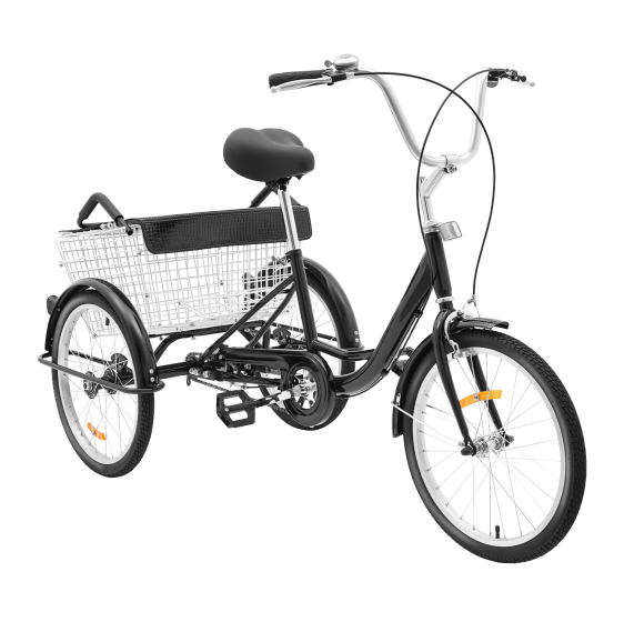 20 inch driewieler voor volwassenen, frame van koolstofstaal, 3-wielfiets met mand voor volwassenen en ouderen