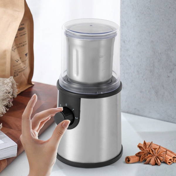 Elektrische koffiemolen, 350 W kruidenmolen, 80 g capaciteit, roestvrij staal voor koffiebonen, lijnzaad, noten, specerijen, granen Elektrische koffiemolen, 350 W kruidenmolen, 80 g capaciteit, roestvrij staal voor koffiebonen, lijnzaad, noten, specerijen, granen
