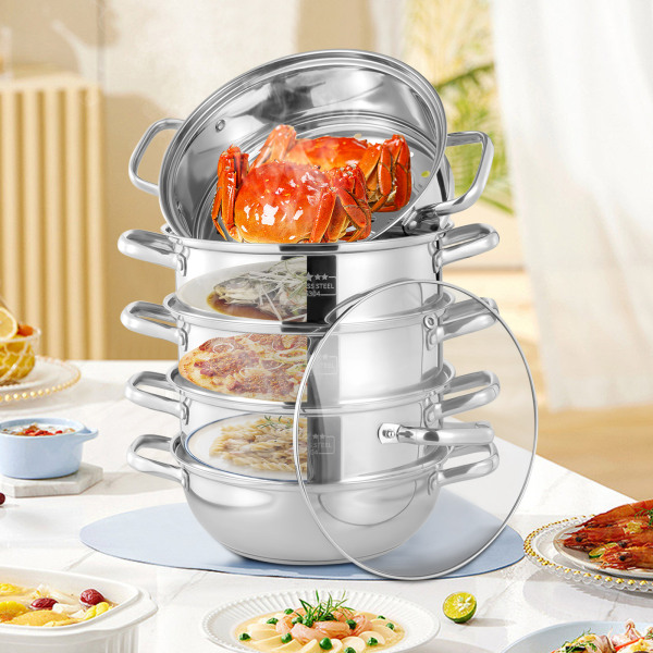 Set van 5 roestvrijstalen stomers met een diameter van 28 cm en deksel Zilver