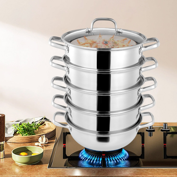 Set van 5 roestvrijstalen stomers met een diameter van 28 cm en deksel Zilver