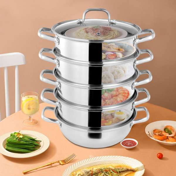 Set van 5 roestvrijstalen stomers met een diameter van 28 cm en deksel Zilver Set van 5 roestvrijstalen stomers met een diameter van 28 cm en deksel Zilver