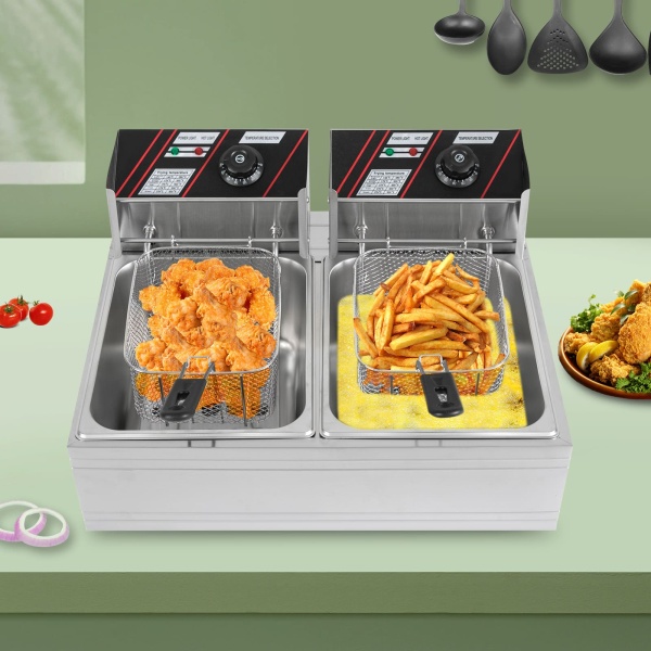 RVS Dubbele Friteuse 12L Koude Zones Dubbele Elektrische Friteuse Thermostaat 60-200°C met Mand en Deksel