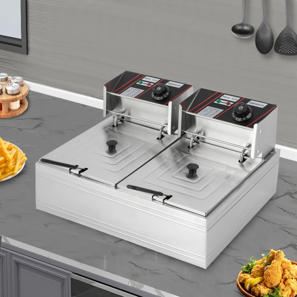 RVS Dubbele Friteuse 12L Koude Zones Dubbele Elektrische Friteuse Thermostaat 60-200°C met Mand en Deksel