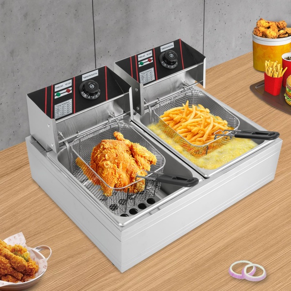 RVS Dubbele Friteuse 12L Koude Zones Dubbele Elektrische Friteuse Thermostaat 60-200°C met Mand en Deksel