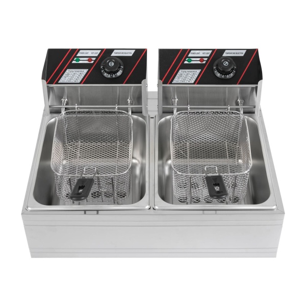 RVS Dubbele Friteuse 12L Koude Zones Dubbele Elektrische Friteuse Thermostaat 60-200°C met Mand en Deksel