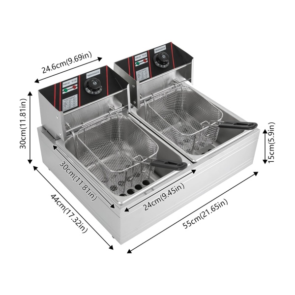 RVS Dubbele Friteuse 12L Koude Zones Dubbele Elektrische Friteuse Thermostaat 60-200°C met Mand en Deksel