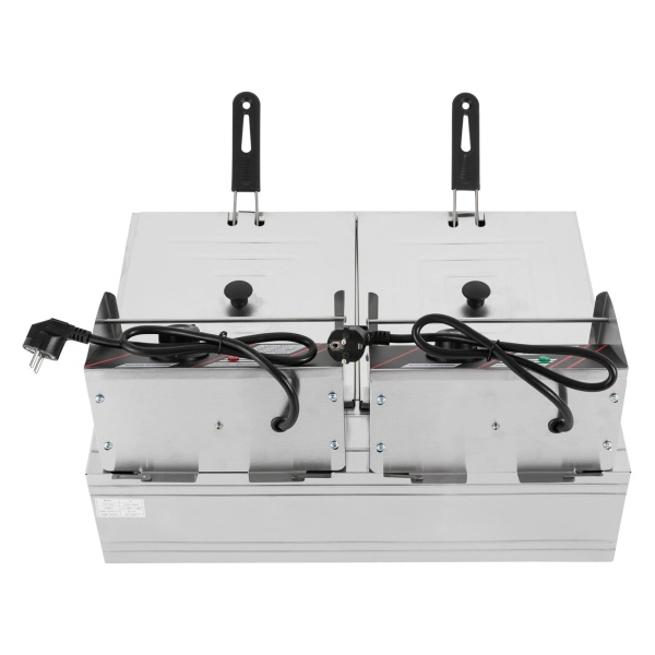 RVS Dubbele Friteuse 12L Koude Zones Dubbele Elektrische Friteuse Thermostaat 60-200°C met Mand en Deksel