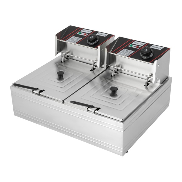 RVS Dubbele Friteuse 12L Koude Zones Dubbele Elektrische Friteuse Thermostaat 60-200°C met Mand en Deksel