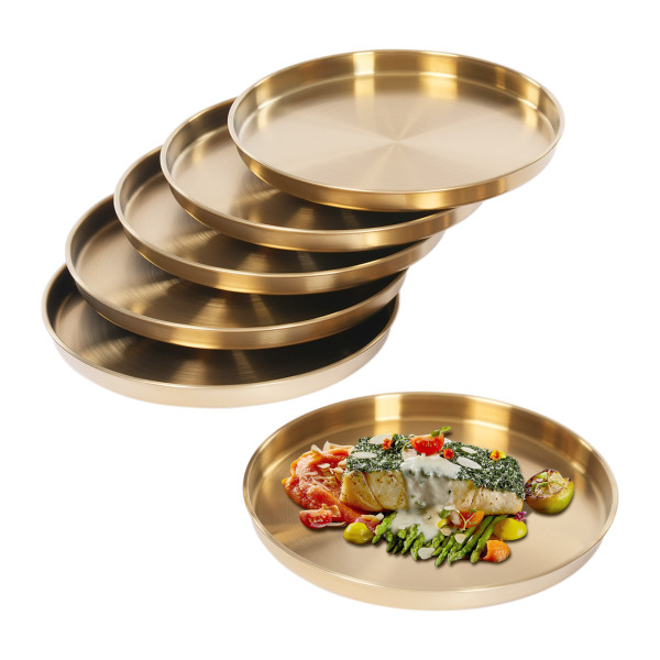 6 stuks ronde serveerschalen, roestvrijstalen tafelblad, gouden decoratieve schaal - goud