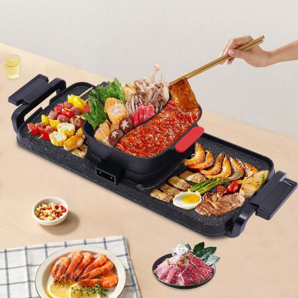 Barbecue Hot Pot 2 in 1, Koreaanse binnenbarbecue, Shabu Shabu met dubbele bediening, Hot Pot met grill, multifunctioneel rookloos draagbaar fornuis