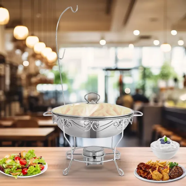 Ronde eettafelkachel (deksel kan worden opgehangen) 6L-zilver roestvrijstalen voedselverwarmer, ronde standaard ronde schotelverwarmer