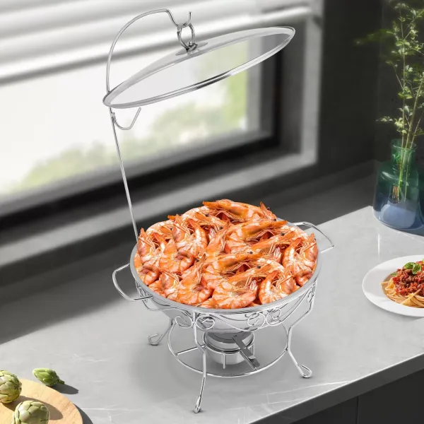 Ronde eettafelkachel (deksel kan worden opgehangen) 6L-zilver roestvrijstalen voedselverwarmer, ronde standaard ronde schotelverwarmer