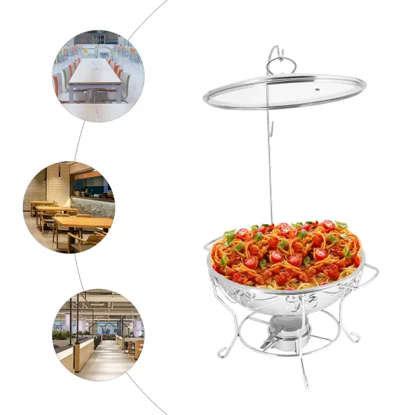 Ronde eettafelkachel (deksel kan worden opgehangen) 6L-zilver roestvrijstalen voedselverwarmer, ronde standaard ronde schotelverwarmer
