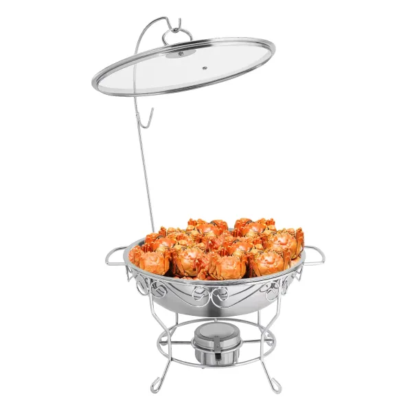 Ronde eettafelkachel (deksel kan worden opgehangen) 6L-zilver roestvrijstalen voedselverwarmer, ronde standaard ronde schotelverwarmer