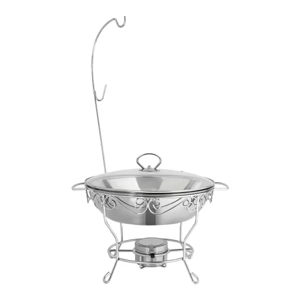 Ronde eettafelkachel (deksel kan worden opgehangen) 6L-zilver roestvrijstalen voedselverwarmer, ronde standaard ronde schotelverwarmer